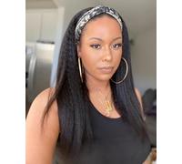Headband Wig Human Hair Kinky Straight 20 Inch Yaki Straight Headband Wig 180% Density Glueless None Lace Front Wigs for Women Machine Made Wear and Go Wigs Natural Color
