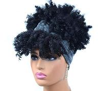 Headband Wigs for Black Women Synthetic Short Afro Kinky Curly Wigs Dark Brown Wig with Bangs Wrap Wigs Afro Curly Headband Wig