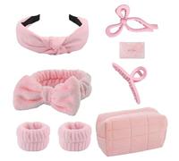Headband Wristband Set Makeup and Skincare Headbands Hair Claw Clips Large No Slip Big Matte Jaw Butterfly Clip Scrunchies for Women Satin Hair Small Cosmetic Bag Hair Ribbon Clips with Long Tailspink