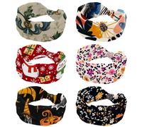 Headbands for Women, Abstract Beautiful Hand Drawn Floral Pattern 6 Packs Elastic Wide Headband, Knotted Hairband, Vintage Head Wraps for Daily Use, Yoga, Workout