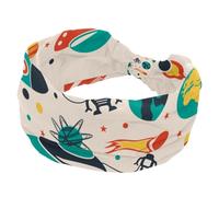 Headbands for Women Girls, Outer Space Rocket Planets Robet Pattern Soft Wide Headband, Stretchy Knotted Headwraps, Fashion Sports Hairdband for Workout Yoga, Gym, Running