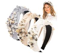Headbands for Women Head Bands - Knotted Pearl Headband Diademas Para Mujer De Moda Hair Accessories Hairbands for Girls No Slip Fashion Cute Top Knot Headband Gift for Women White Gray Beige