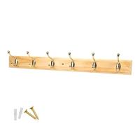 Headbourne Keypak 6 Hook Pine Finish Wall Mounted Coat Rack with Basic Polished Brass Double Hooks - Heavy Duty Wooden Board for Coats, Hats, Bags, Tools Space Saving Wall Storage Organiser