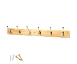 Headbourne Keypak 6 Hook Pine Finish Wall Mounted Coat Rack with Basic Polished Brass Double Hooks - Heavy Duty Wooden Board for Coats, Hats, Bags, Tools Space Saving Wall Storage Organiser