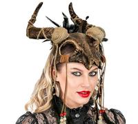 Headdress Animal Skull with Horns Feathers Beads Voodoo Priest Mask Warrior Shaman Barbarian Colour: Bronze