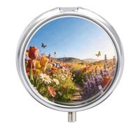 Heading to The Flower Field Round Pill Box with Mirror 3 Compartment Portable Pill Case for Travel Outdoor Use Cute Small Pill Organizer for Pocket Or Purse