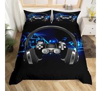 Headphone Gamepad Bedding Set Note Melody Music Duvet Cover Kids Boys Teens Video Game Gamepad Comforter Cover Game Controller Bedspread Cover Bedroom Collection 3Pcs Double Size,Black