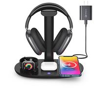 Headphone Stand with 15w Wireless Charger, Suguder 4 in 1 Charging Station Headset Holder for AirPods Max/Pro/4/3/2 iWatch 10/9/8/7/6/5/4/3/2/1/SE iPhone 17/16/15/14/13/12/11/X for Desktop Table Game