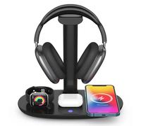 Headphone Stand with 4 in 1 Wireless Charger -Headset Holder & Station Dock for Apple Watch, AirPods Max/Pro/2/ iPhone 13/12/11, LG, Samsung Galaxy, Huawei Phone, and All Headphones Size (Black)