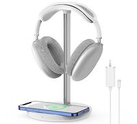 Headphone Stand with Wireless Charger, Gaming Headset Holder Hanger Rack 2 in 1 Wireless Charging Station Dock for iPhone 15/14/13/12/11 Series, AirPods Pro/3/2 and Desk All Headphones, White