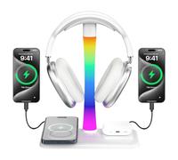 Headphone Stand with Wireless Charger,Gaming Headset Stand with RGB Light Mode,Airpod Max Stander Compatible with Airpod Pro/3/2,iPhone 16/15/14/13/12/11,Gifts for Gamers & Music Lover (White)