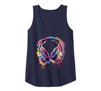 Headphones Music DJ Splash EDM Beatmaker Techno House Music Tank Top, Women, Navy Blue, Medium