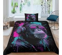 Headphones Orangutan - Ink Splashing Art Duvet Cover Set 3 Piece Bedding Set 3D Print Soft Microfibre Polyester Cover with Pillowcases, Quilt Cover Single(135x200cm)