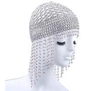 Headpiece Rhinestone Elegant Beaded Cap Headpiece with Long Tassels Belly Dance Headpiece Exotic Cleopatra Costume Accessories Rhinestone Head Chain Flashing Beads Head Chain for Women (Silver)
