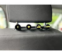 Headrest Coat Hook - Car Seat Hooks - Campervan Headrest Hooks - to Fit VW T4, T5, T6, T7, Caddy, Crafter and Other VW Models - I Love Van Life Design - Black Background with Yellow Logos