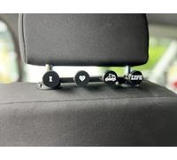 Headrest Coat Hook - Car Seat Hooks - Campervan Headrest Hooks - to Fit VW T4, T5, T6, T7, Caddy, Crafter and Other VW Models - I Love Van Life Design - Black Background with White Logos