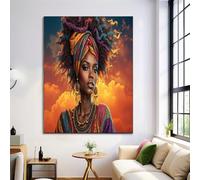 Headscarf African Woman Print Wall Art Decor for Bathroom Cloakroom, Orange Art Canvas Print Poster, Traditional Pictures Paintings Kitchen Bedroom Decor Murals, 24x35in No Frame