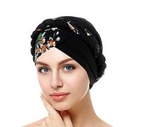 Headscarf Women's Turban Elegant Flower Bandana Elastic Headband Beanie Hijab Chemo Hat Islamic Headwear Muslim Headdress Chemotherapy Cap Headwear for Hair Loss Cancer, black, One Size