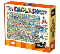 HEADU | Easy English 100 Words - City Puzzle - large puzzle with special tokens for learning words and more than 100 movable stickers | Educational Games & Puzzles | Ages 4-8 years