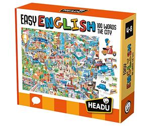 HEADU | Easy English 100 Words - City Puzzle - large puzzle with special tokens for learning words and more than 100 movable stickers | Educational Games & Puzzles | Ages 4-8 years