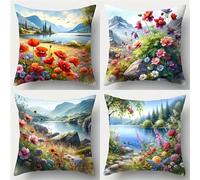 Heaen Outdoor Cushions Covers Waterproof 45x45 cm Set of 4 Square Linen Pillow Cases Flowers Rivers Scenery Decorative Dushions for Sofa Porch Patio Home Decor