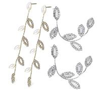 HEALEEP 2 Pairs Leaf Shaped Rhinestone and Pearl Earrings for Women Long Linear Dangle Earrings for Weddings and Formal Occasions of Stylish Chain