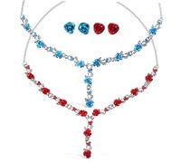 HEALEEP 2 Set Retro Style Rose Flower Necklace and Earring Set for Women Alloy Bridal Jewelry with Rhinestone Charm Elegant Wedding Accessories for Party and Daily Wear Red Blue