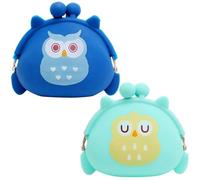 HEALEEP 2pcs Cute Owl Small Coin Purse Set for Women, Mini Silicone Change Pouch with Snap Closure, Cartoon Wallets in Light Blue and Navy for Everyday Use