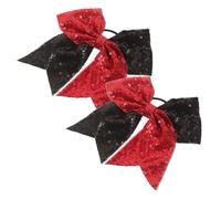 HEALEEP 2pcs Large Glitter Sequin Cheer Bow Hair Tie in Black and Red, Soft Webbing Elastic Ponytail Holder that Holds Firmly and Doesn’t Slip, for Cheerleading and Sports