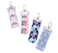 HEALEEP 4pcs Colorful Printing Keychain Lipstick Holder Pouch Convenient Clip Lip Balm Bag for Women Includes Arrow Deer Horn Rose and Mermaid Scale Designs