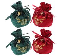 HEALEEP 4pcs Velvet Drawstring Fruit Bags Small Burgundy and Dark Green Xmas Treat Pouches Holiday Candy Sacks with Bells for Christmas Party Favor and Holiday Goodie Wrapping