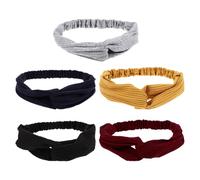 HEALEEP 5 Pcs Solid Color Knitted Cotton Hairbands Highly Elastic Cross Headbands for Women Sweat-absorbing Stretchy Hair Wraps in Grey Black Mustard Wine Red Navy Blue Comfortable and