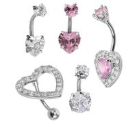 HEALEEP 5pcs Heart Shaped Belly Button Rings Set Stainless Steel Dangly Piercing Jewelry with Dazzling Rhinestones Elegant Design for Navel Piercing Comfortable Jewelry