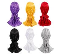 HEALEEP 6pcs Breathable Silk Turban Caps Long Tail Headwraps for Hair Loss Unisex Stylish Wave Scarf with Elastic Fit in Purple Black White Burgundy Gray Gold