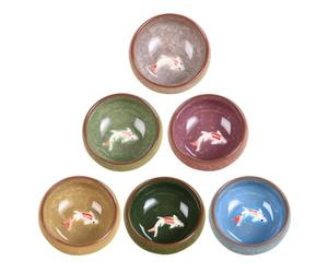 HEALEEP 6pcs Ceramic Fish Teaware Set Crackle Glaze, Assorted Pattern Small Drinking Cups for Tea Serving, Handmade Porcelain Tumblers Suitable for Kitchen and Dining