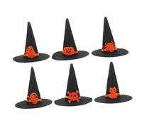 HEALEEP 6pcs Small Witch Hats for Halloween Party Decorations Black Felt Wizard Costume Accessories with Skull Spider Cat Elf Pumpkin DIY Crafting for Cosplay and Photo Props