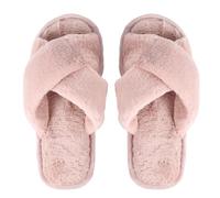 HEALEEP Autumn Winter Plush Cross Strap Indoor Slippers for Women Warm Soft Cozy Open Toe Home Footwear Ergonomic Fit Fuzzy House Shoes in Pink