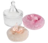 HEALEEP Baby Powder Puff with Glass Container Soft Plush Bow-shaped Loose Powder Applicator in Beige and Pink Detailed Care and Soft Application for Home and Travel Use
