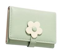 HEALEEP Korean Style Flower Pattern Wallet for Compact Trifold Student Purse in Green PU Lightweight Key Change Coin Holder Practical Card Organizer for Teachers and Office Workers