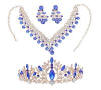 HEALEEP Luxurious Bridal Tiara Set Blue Rhinestone Crown Necklace Earrings for Women Wedding Birthday Party Elegant Trio with Stable Materials Secure Fit