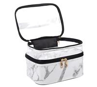 HEALEEP Marble PVC Double-Layer Toiletry Bag with Handle, Portable Travel Cosmetics and Skincare Pouch for Women, White Marble Pattern Toiletry Storage Organizer
