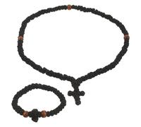 HEALEEP Orthodox Prayer Rope Set Featuring Blessing Cross Ornament 2pcs with 100 Knots and 33 Knots, Handmade Wooden and Polyester Bead Bracelets and Necklaces for Car and Church