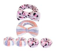 HEALEEP Plush Spa Headband and Wristband Set 6pcs, Leopard Print Pink and Blue Red Striped, Absorbent Face Washing Wrist Cuffs for Women Skincare and Makeup