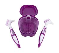 HEALEEP Portable Denture Cleaning Kit with Deep Purple Denture Bath Case, False Teeth Toothbrush, and Braces Holder Box for Travel and Home Use