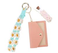 HEALEEP Woven Keychain Wallet with Cute Daisy Charm Pink Card Holder White Mesh Lipstick Pocket Multi Functional Womens Wristlet for Coins Cards and Essentials Stylish and Practical