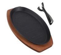 Healeved 12-Inch Cast Iron Steak Grill Plate with Red Base and Iron Fork Set, Rectangular Teppanyaki Hot Plate for Indoor BBQ, Non-Stick Griddle Serving Dish for Family Meals