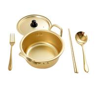 Healeved 16Cm Korean Ramen Pot Set with Yellow Aluminum Saucepan, Includes Gold Chopsticks, Fork Spoon, Multi-Function Household Noodle Cooker for Daily Instant Noodles and Hot Pot Use