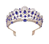 Healeved 1Pc Rhinestone Baroque Crown Headband for Weddings Luxurious Golden and Blue Headdress Elegant Bridal Hair Accessory for Brides and Special Occasions