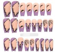 Healeved 24pcs Purple Resin Halloween Fake Nails with Glue Classic Halloween Style Press on Nails for Day the Dead and Role Playing for Women