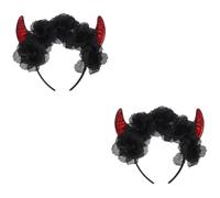 Healeved 2pcs Devil Horn Headband with Black Rose Flowers Halloween Hairband for Cosplay Costume Lightweight Easy to Wear for Halloween Parties Dress Up Events
